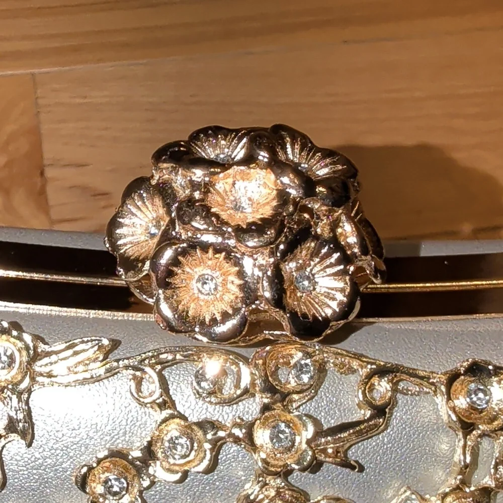 Silver Leather Clutch With Gold And Crystal Floral Embellishments